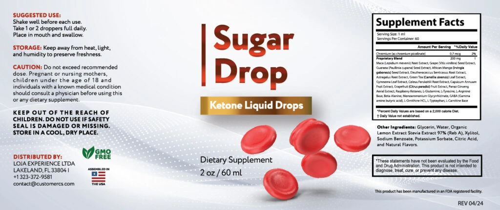 Sugar Drop supplement label showing natural ingredients for blood sugar balance